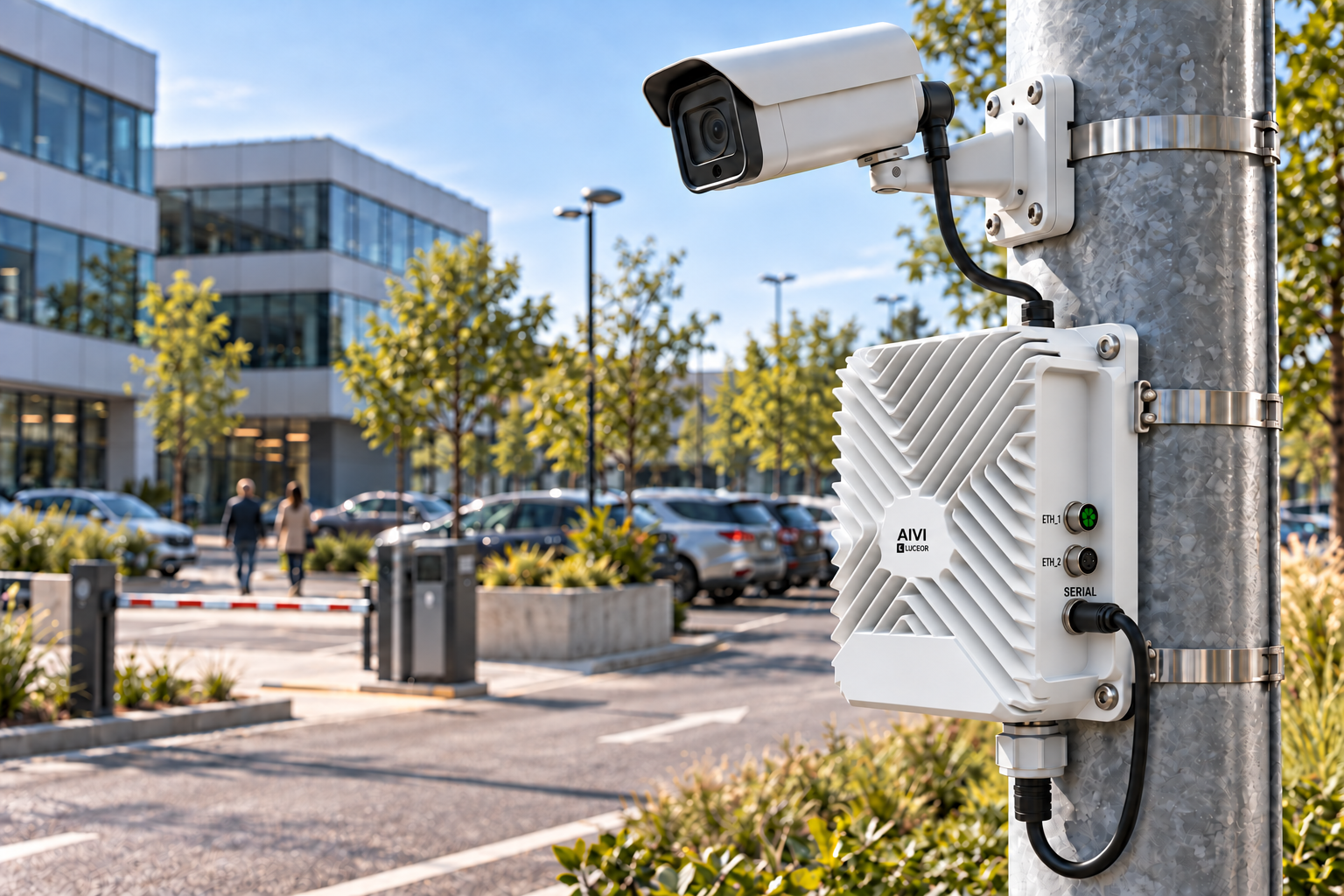 AIVI edge AI module and camera mounted on a pole overlooking a public car park