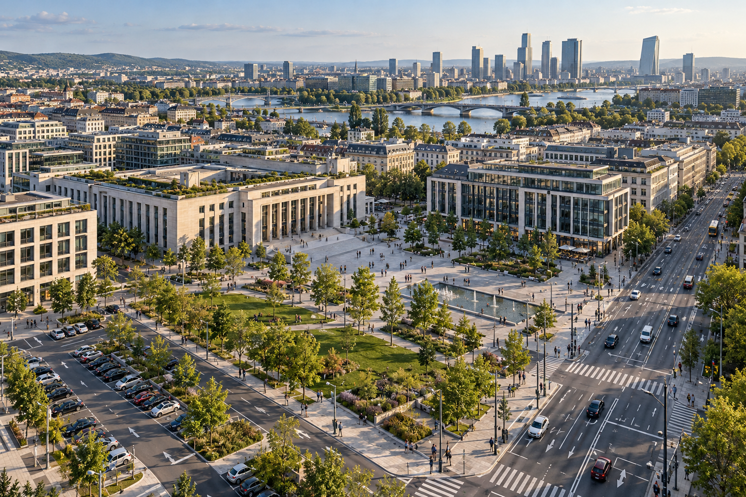 Illustrative modern city with public parking, pedestrian square, green spaces and urban roads