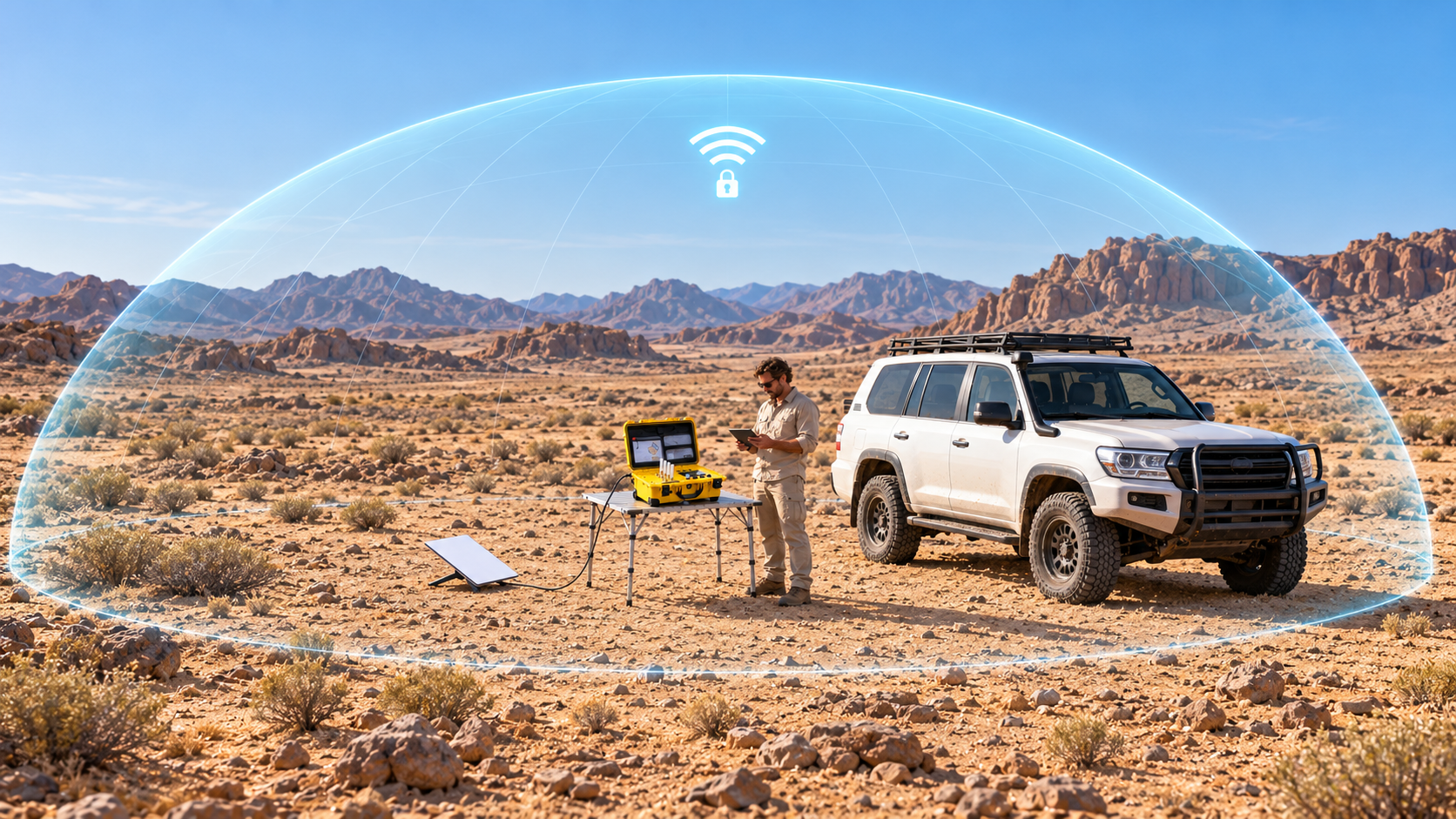RDK on a table, connected by cable to Starlink, with a broad secure WiFi bubble around a 4×4 in the desert