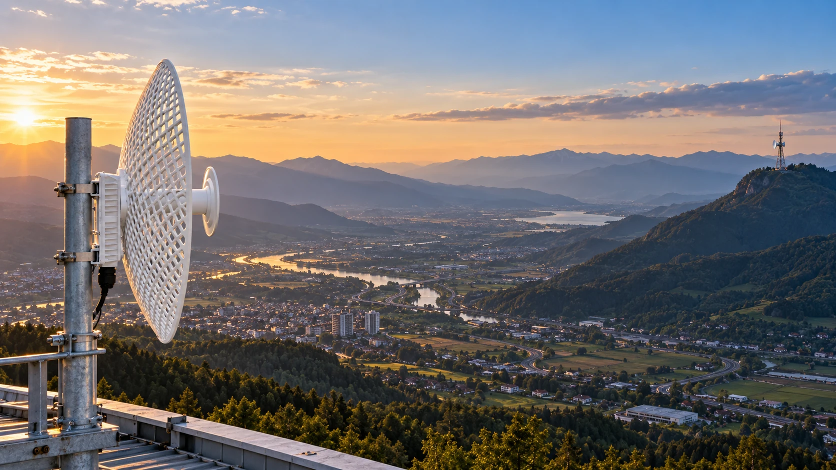 HD E30 rooftop dish directed across a vast valley toward a telecom tower on a distant mountain
