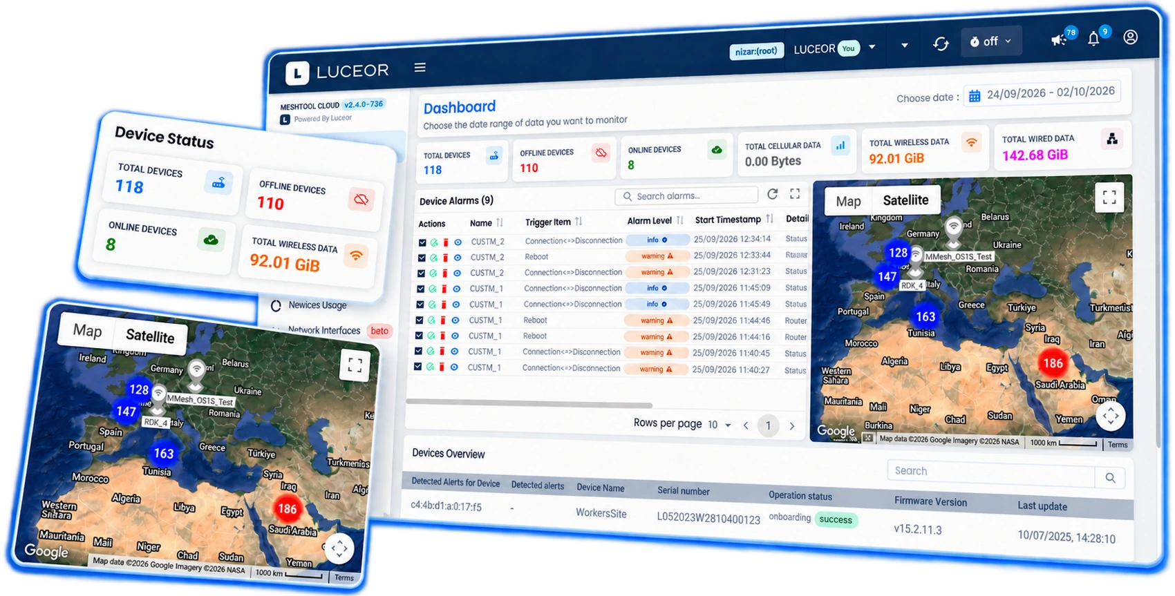 MeshTool Cloud dashboard showing network devices, events and map