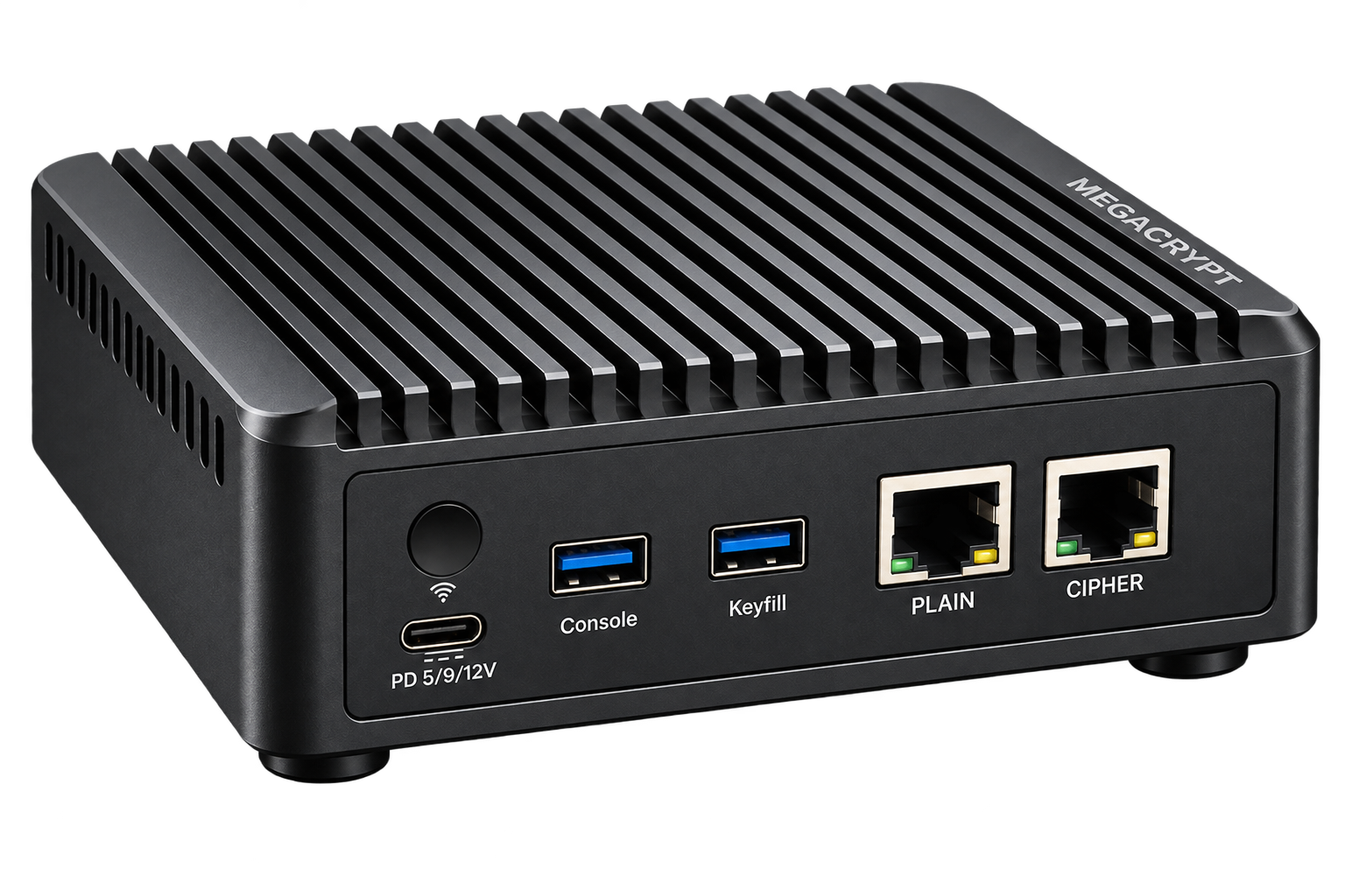 Compact MEGACRYPT Ethernet encryptor with plain and cipher Ethernet ports