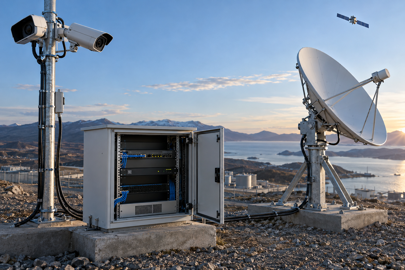 Remote surveillance cameras, an equipment cabinet and a VSAT antenna at a distant site