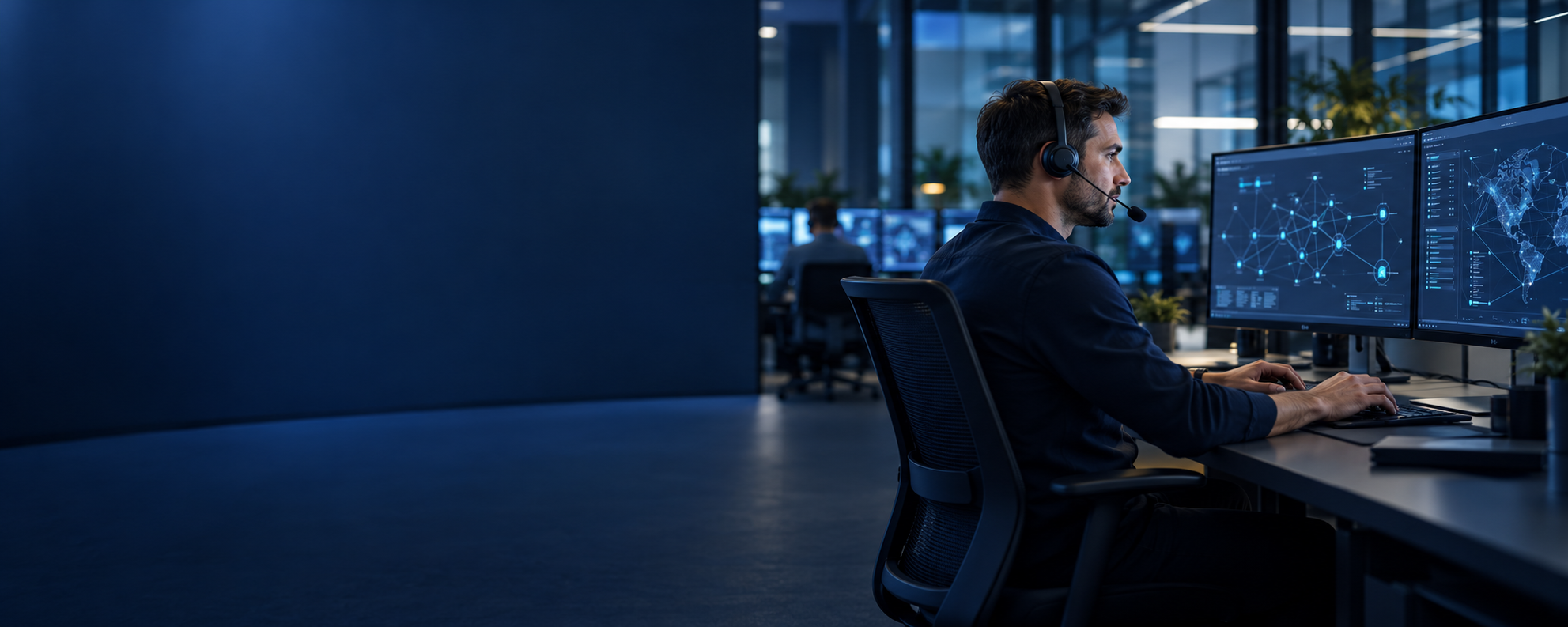 Illustration of a network support engineer at a monitoring workstation