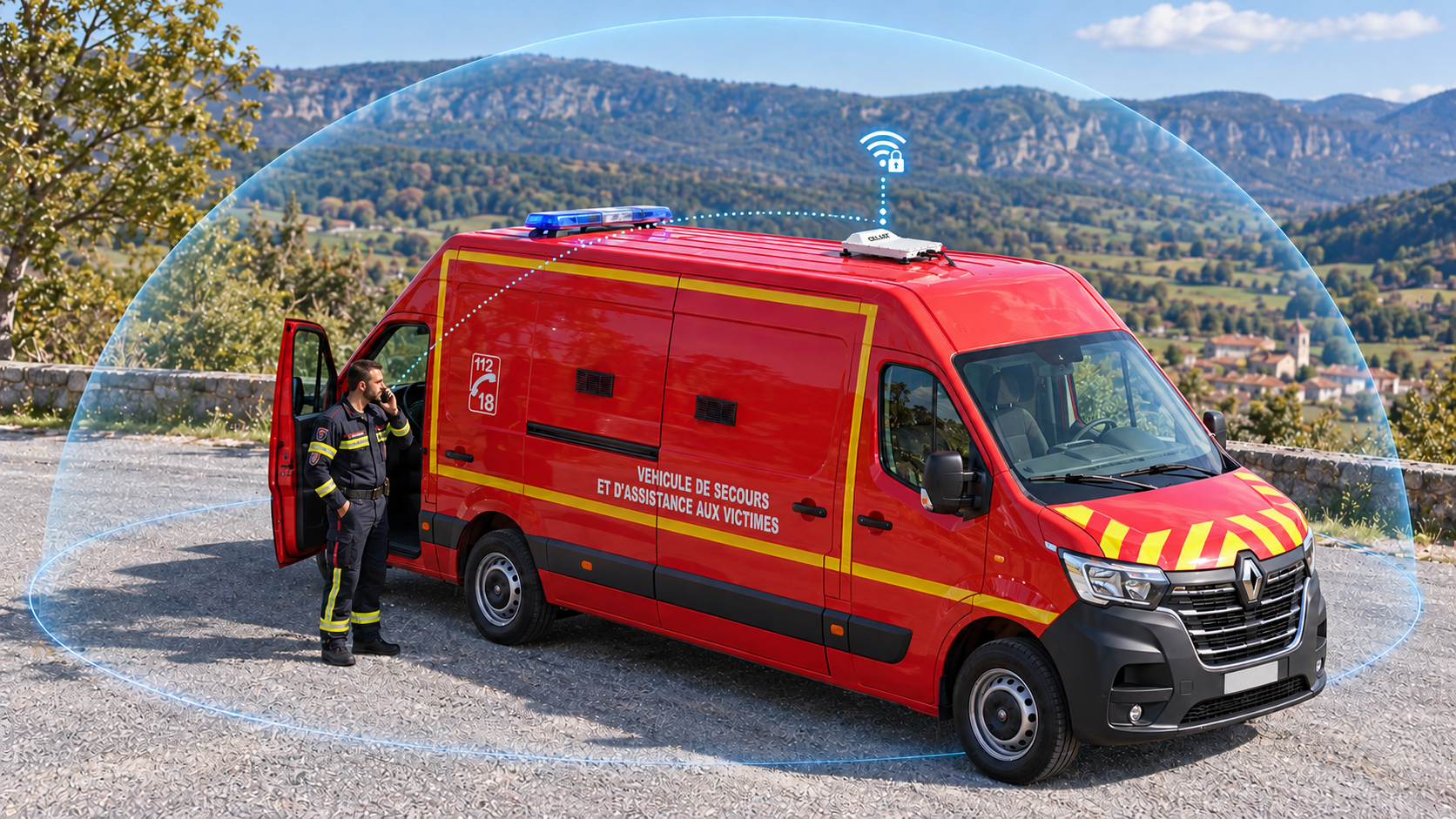 CELSAT mounted on the roof of a rescue vehicle, connecting an emergency responder