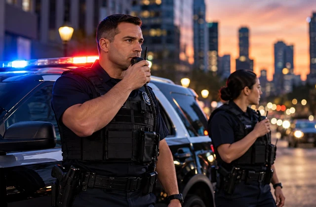 Public safety officers communicating beside their patrol vehicle