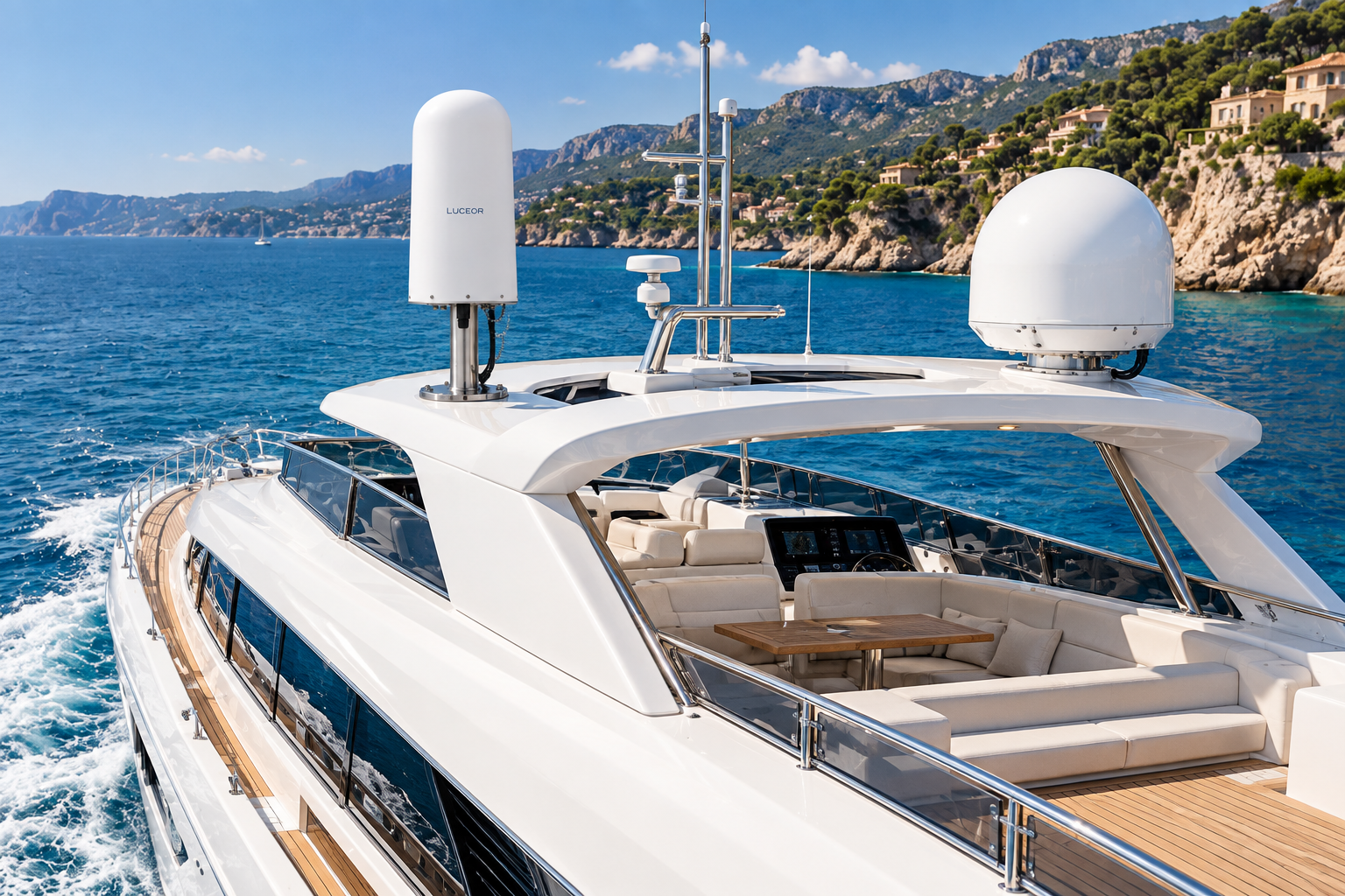 LUCEOR 5G BOAT installed on the roof of a vessel near the coast