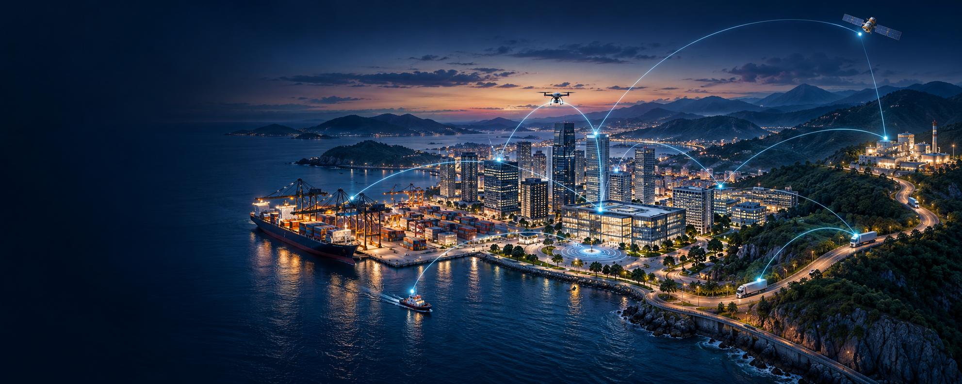 A connected city, port, vehicles and industrial site linked by terrestrial and satellite communications