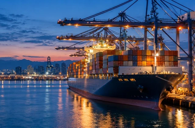 A container vessel and cranes in a working port