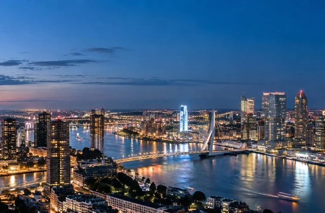 A connected city skyline at dusk