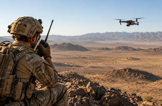 A field operator with radio equipment during a tactical deployment